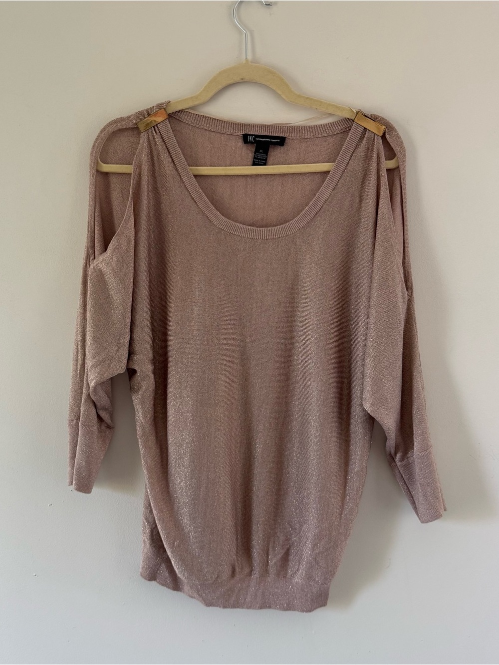 Y2K INC Shimmer Cold Shoulder Sweater Metallic Taupe XL Glam Top